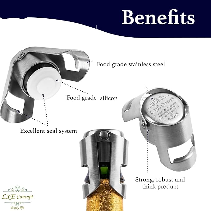 Champagne Stoppers for Sparkling Bottle Sealing - Saver Accessories Toppers for Wine Napa Moet Bottega - Dual-sided Stainless Steel Cover Bottles, Champagne corks for sparkling wine Silver Gray 6 pack