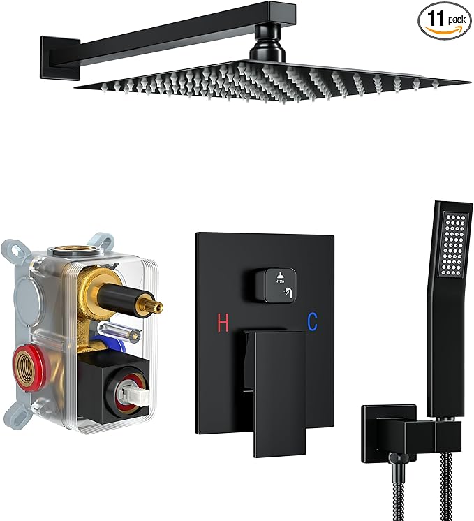 Shower Faucet Set, Shower System with 10 Inch Rain Showerhead and Handheld Shower, Wall Mounted High-Pressure Showerhead Combo Set Included Valve and Trim, Matte Black