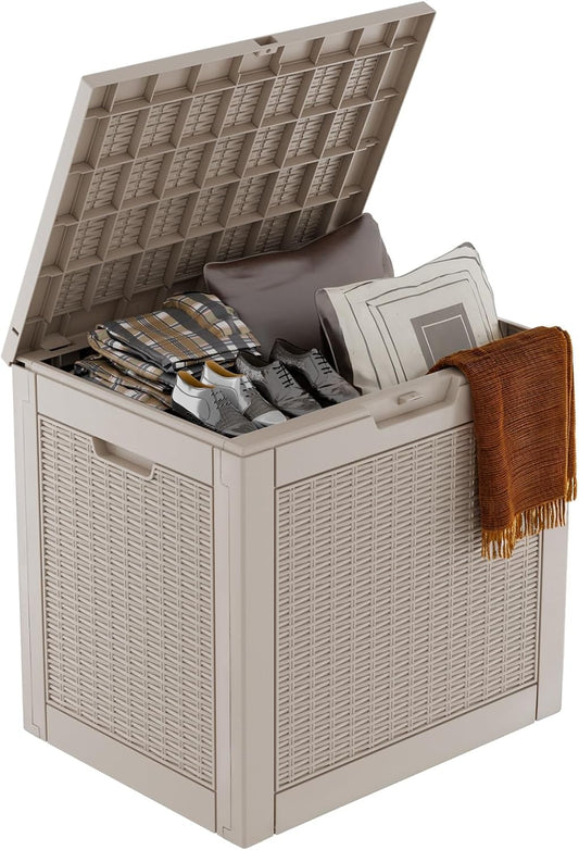 Vixzen 31 Gallon Resin Deck Box, Lockable Outdoor Storage Box for Patio Cushions Storage Furniture,Garden Tools, Pool Supplies, Weatherproof and UV Resistant- Grey