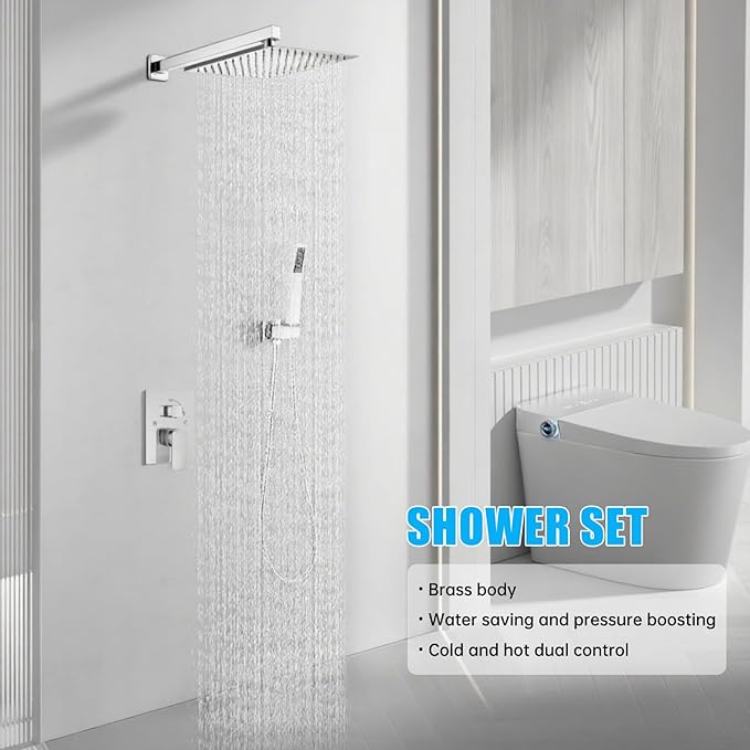 Rainfall Bathroom Shower System, 12-Inch Rain Shower Head and Handle Set, Wall Mounted Dual Shower Combo, All Metal Decorative Shower Luxury Kit Chrome (with Shower Valve)
