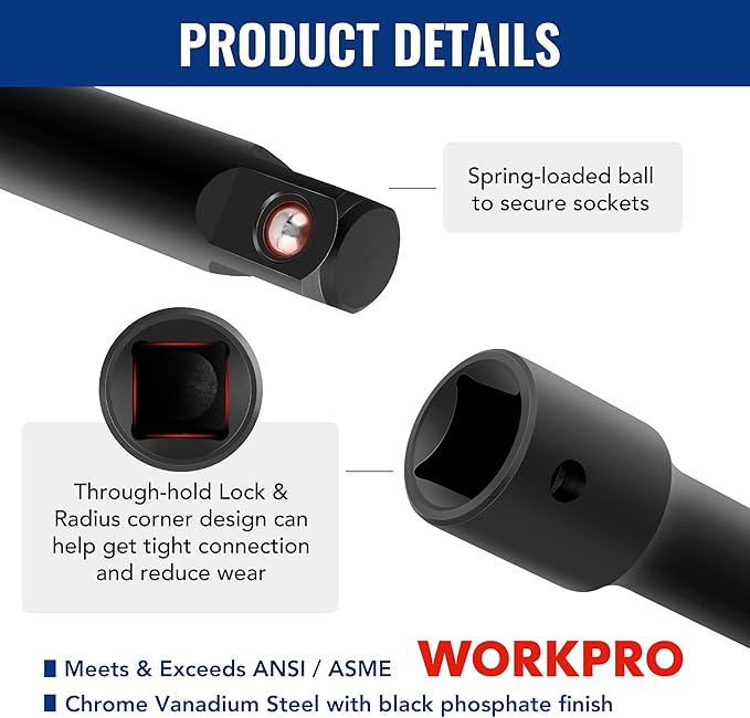 WORKPRO 18-Piece Impact Socket Extension Set, Includes Socket Adapters, Ratchet Extension Set, Socket Extension Bar, Swivel Universal Joints and Impact Coupler, 1/4", 3/8" & 1/2" Drive