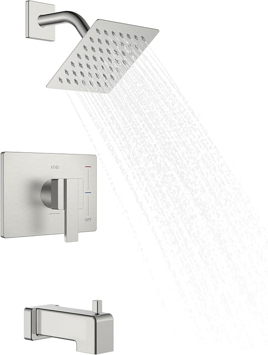 KENES Brushed Nickel Tub and Shower Trim Kit, Shower Faucet with Single-Spray Rain Shower Head, Square Stainless Shower Faucet Set, KE-6025A (Shower Valve Included)