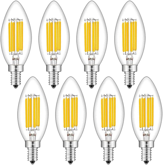CRLight 6W Dimmable LED Candelabra Bulb 80W Equivalent 800LM, 6 LED Filament Real 6W Chandelier Light Bulbs, 2700K Warm White E12 Base, B11 Candle Torpedo Clear Glass Decorative Bulb, 8 Pack