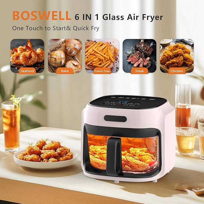 Glass Air Fryer, 7.6QT with Transparent Fry Bowl, Circulating Heating, Temperature Control, Air Fryer Roast, Dishwasher Safe (Rose Pink)