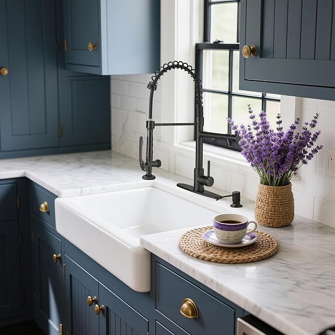 Fapully Commercial Pull Down Kitchen Sink Faucet with Sprayer Matte Black Single Handle Faucets for Kitchen Sink, Kitchen Faucet with Soap Dispenser and Deck Plack for 4 Hole