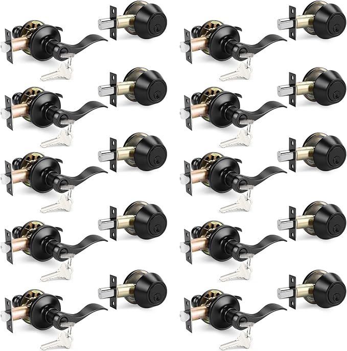 Probrico Entrance Door Lever Deadbolt Sets Front Door Entry Lever Lockset, Single Cylinder Deadbolt Combination Set, Flat Black Finish Keyed Alike Combo, Reversible for Right and Left Side 10Pack