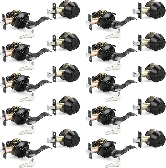 Probrico Entrance Door Lever Deadbolt Sets Front Door Entry Lever Lockset, Single Cylinder Deadbolt Combination Set, Flat Black Finish Keyed Alike Combo, Reversible for Right and Left Side 10Pack