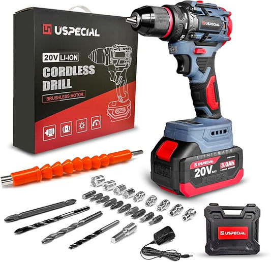 20V Cordless Brushless Power Drill Set, 443 in-lbs, 3/8-Inch Chuck Electric Drill-Driver, 22 Torque Setting, 2 Variable Speed, Hammer Drill with 3.0Ah Battery Kit for Drilling Brick Wall,Metal,Wood