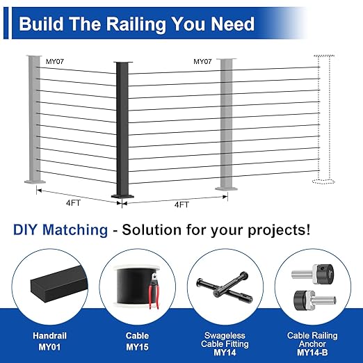 36" Cable Railing Corner Post (35"x2"x2"), 3-Side T-Drilled Flat Top Surface Mount Black Corner Post, T304 Stainless Steel One-Post Corner Solution for Indoor Outdoor, MY11