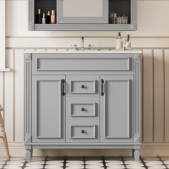 Merax 36” Bathroom Vanity with Sink, Freestanding Single Bathroom Sink Vanity Cabinet Set with 36” Countertop & Integrated Sink, 2 Doors & 2 Drawers (Sink Cabinet Only, Gray)