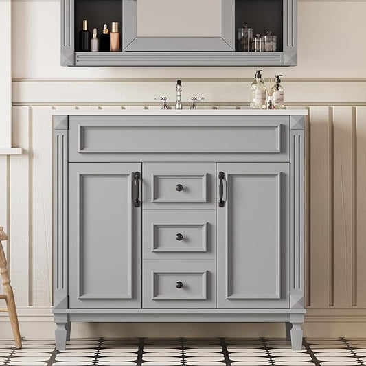 Merax 36” Bathroom Vanity with Sink, Freestanding Single Bathroom Sink Vanity Cabinet Set with 36” Countertop & Integrated Sink, 2 Doors & 2 Drawers (Sink Cabinet Only, Gray)
