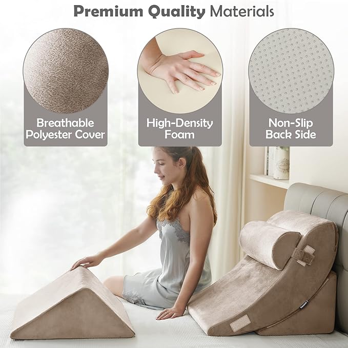 Ganaver 4 Pcs Orthopedic Bed Wedge Pillow Set – Post Surgery, Relaxing, Back & Adjustable Head Support Cushion – Triangle Memory Foam Pillow for Acid Reflux, Sleeping, Reading (Light Brown)