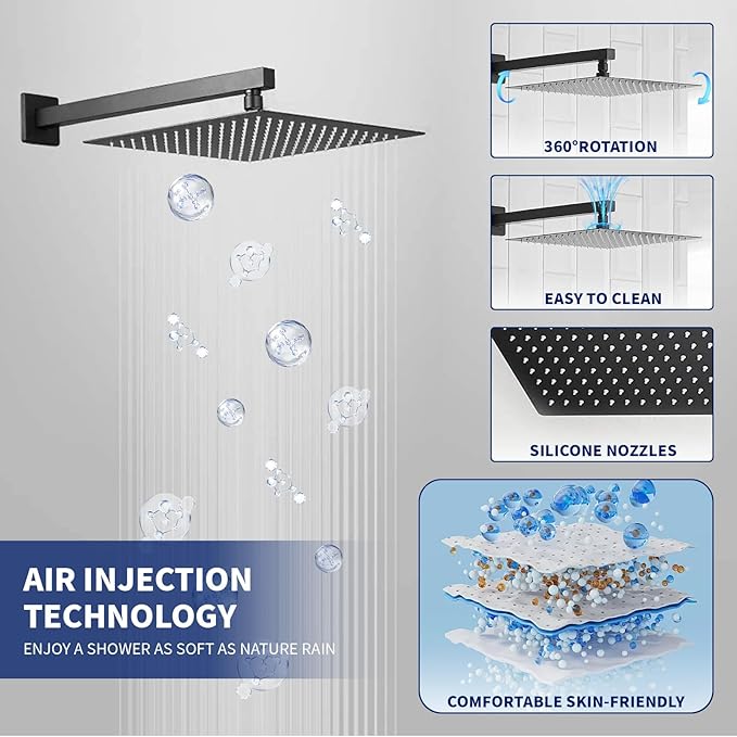 BWE Black Shower Faucet Set, 12 Inch Square Rain Shower Head and Handle Set Bathroom Shower System Sets Complete Combo 2-Functions Pressure Balancing Wall Mount Rainfall Shower Mixer Valve