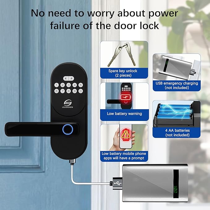Smart Door Lock with Fingerprint and Keypad, Keyless Entry Deadbolt with Handle, APP Control and Auto Lock for Front Door, Easy Install for Home and Office, IP65 Weatherproof