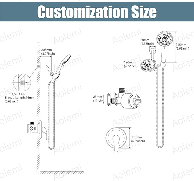 Aolemi Shower Faucet Set Rain Shower Head System Shower Trim Kit Pressure Rough-in Valve Included ABS 8 Setting Dual Shower Head and Handheld Spray Matte Black