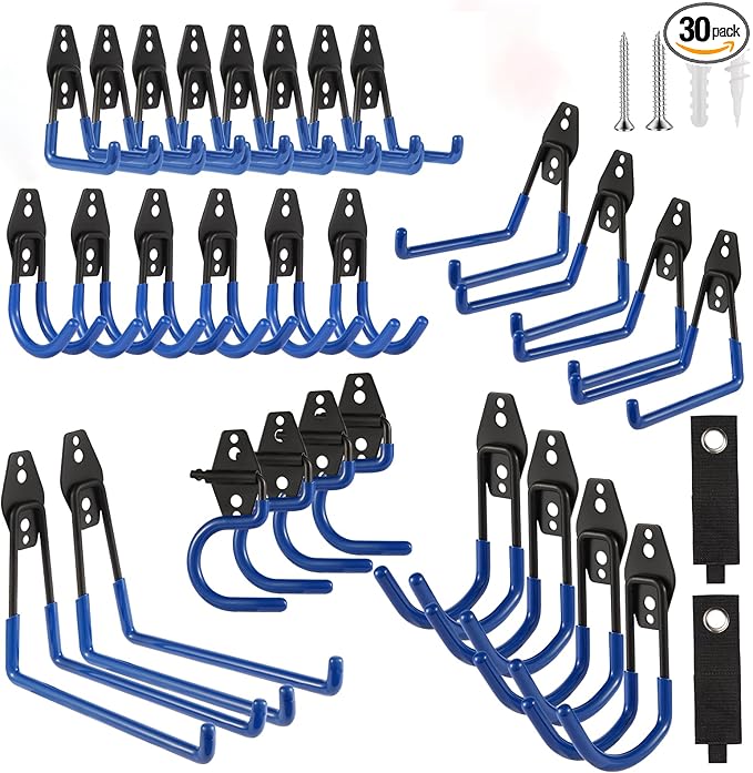 Garage Hook Heavy Duty Wall Storage Hangers, 30 Pack Garage Storage Hooks Steel Tool Blue for Ladders, Ropes, Garden Tools