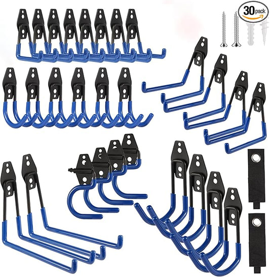 Garage Hook Heavy Duty Wall Storage Hangers, 30 Pack Garage Storage Hooks Steel Tool Blue for Ladders, Ropes, Garden Tools