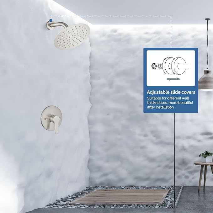 Airuida Shower Faucet Set,8 Inch Round Rainfall Shower Head,SUS304 Stainless Steel Single Handle Shower Trim Kit,Wall Mount Bathroom System with Female Threads Valve Brushed Nickel