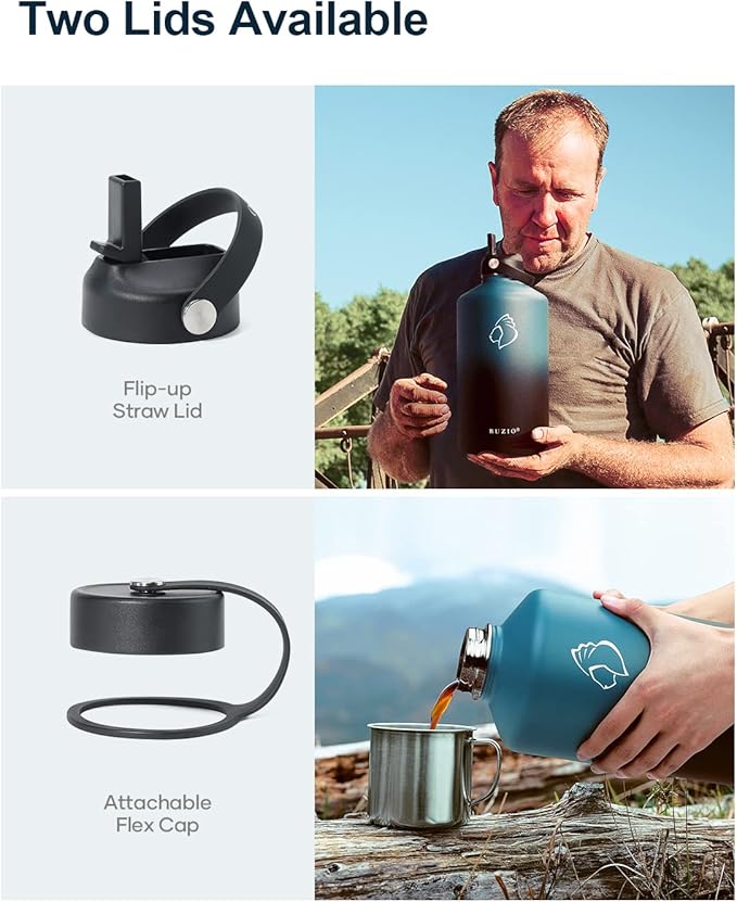 BUZIO 1 Gallon Water Jug with Straw Lid, 128oz Water Bottle Stainless Steel Double Wall Hydro Jug Water Flask 18/8 Food Grade Thermo Mug Keep Cold 48H & Hot 24H, Indigo Crush