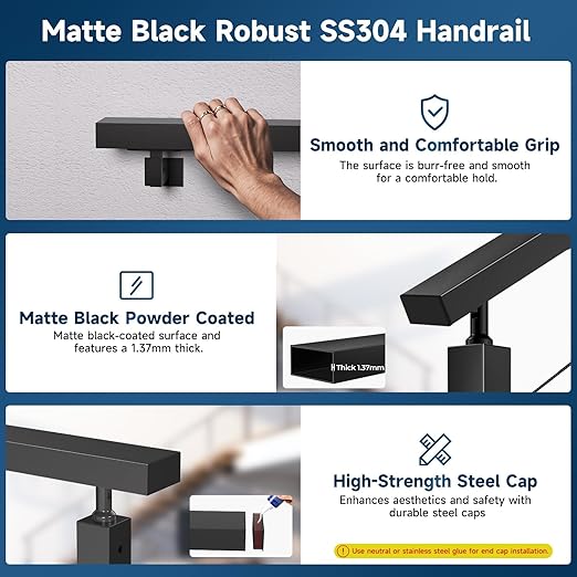 5FT Black Handrail with POM Connector, 2 Pack Stainless Steel T304 Rectangular Cable Railing Handrail Flat Deck Top Rail with Metal End Caps for Indoor Outdoor Deck Stair Cable Railing System