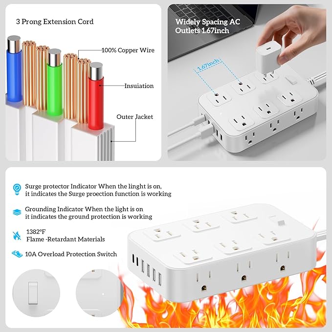 Flat Plug Power Strip Surge Protector with 12 AC Outlets 6 USB Ports 3 Side Multi Plug Outlet Extender 15 Ft Extension Cord for Home Office Kitchen Dorm Wall Desk Charging Station ETL Listed
