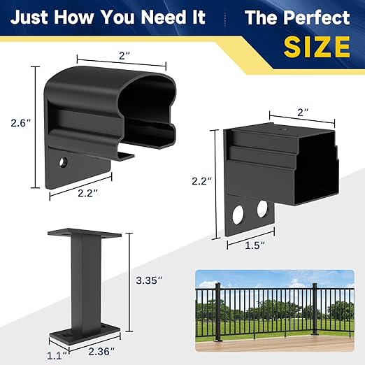 4 Pack Aluminum Fixed Railing Bracket with Level Foot, Deck Railing Bracket Connector, Black Textured Powder-Coat Finish Railing System for Outdoor Decks, Porches & Balconies (Fix Brackets)