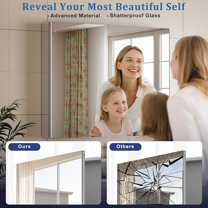Bathroom Medicine Cabinet with Mirror, 30 Inch x 24 Inch Bathroom Mirror Cabinet with Single Door & Adjustable Shelves, Surface Mount or Recess Installation