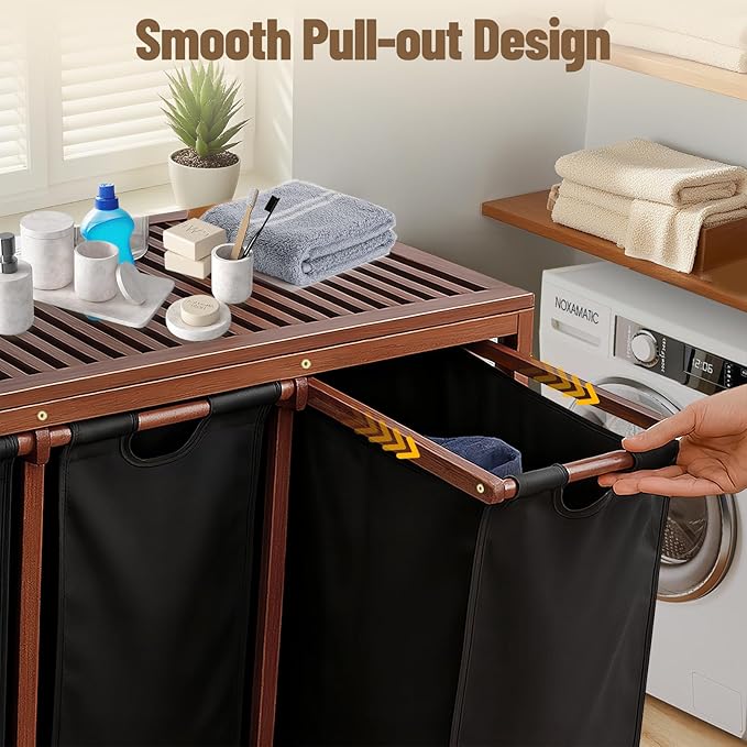 Bamboo Laundry Hamper 3 Section with Lid, 150 L Laundry Sorter with Pull-Out Removable Washable Bags, 3 × 12.5 Gal Divided Laundry Baskets for Laundry Room, Bathroom (Black)