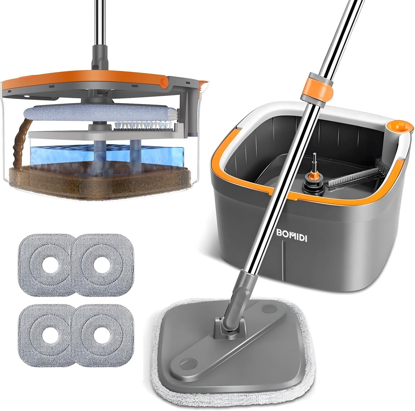 Mop and Bucket Set, Spin Mop with Separate Dirty Water System, Deep-Cleaning Mops for Floors, Versatile Mops for Walls