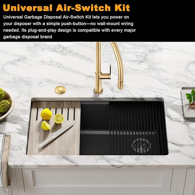 Garbage Disposal Air Switch Kit - UL Certified Sink Top Switch with Long 3.5" Brass Button by UHOUSING, Complete All-in-One Kit for All Disposals (Brushed Gold)