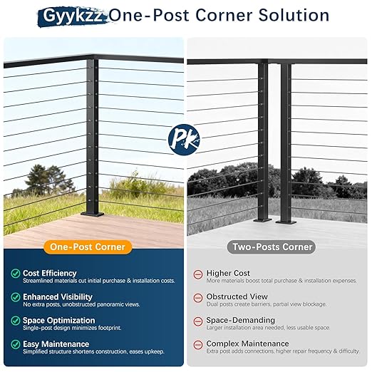 Economical 36" Corner Cable Railing Post, T-Drilled Three-Side Stainless Steel T304 Corner Rail Post, Upgraded Black One-Post Corner Solution, Wire Metal Post for Indoor Outdoor Corner Railing