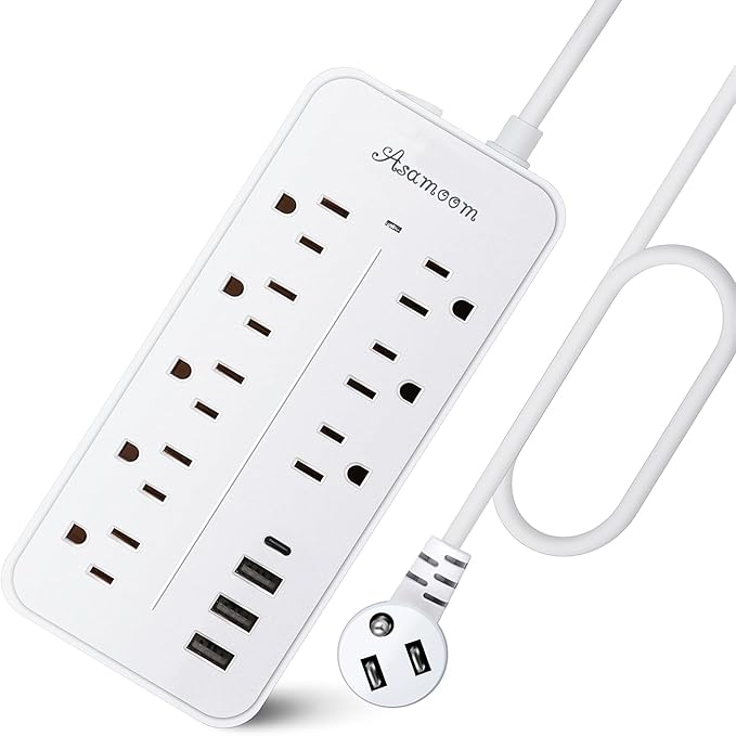 25FT Surge Protector Power Strip Extension Cord with USB C, Asamoom Flat Plug Power Strip with Long Cord, 8 Outlets and 4 USB Port,1700J Surge Protector for Home Office White, ETL Listed