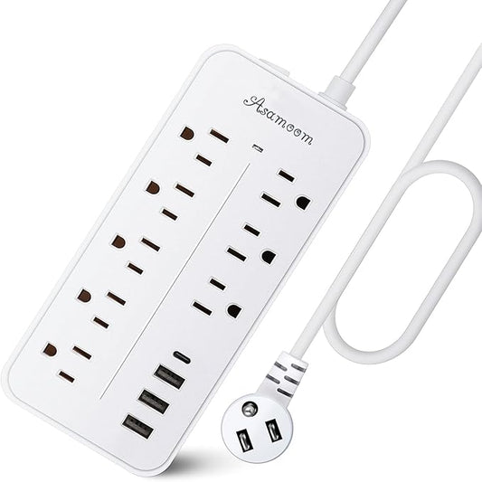10FT Surge Protector Extension Cord with USB C, Flat Plug Power Strip - 8 Outlets & 3 USB Ports (A x 2, C x 1), Wall Mount Desk Power Strip - White, ETL Listed