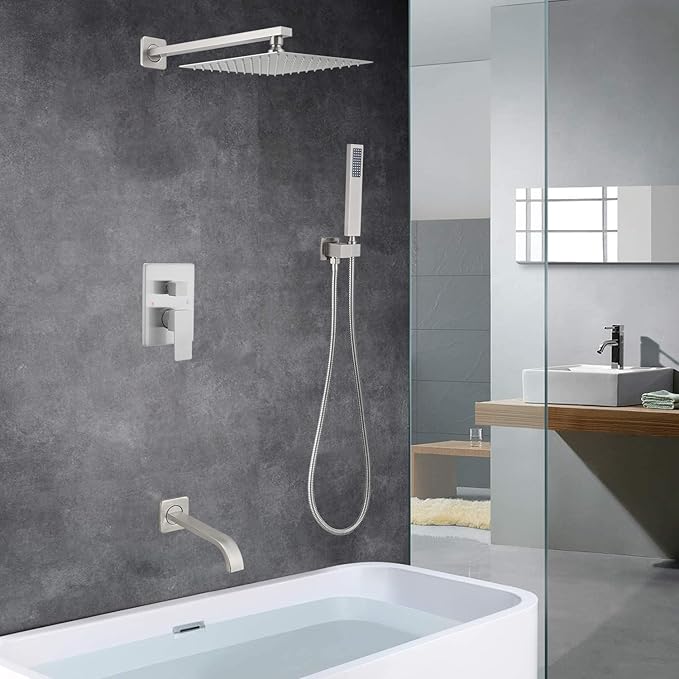 Brushed Nickel Shower System Bathroom Shower Faucet Set with Tub Spout Wall Mounted 12 Inch Shower Head and Handle Set with Handheld 3 Function Tub and Shower Trim Kit with Valve