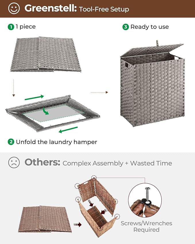 Greenstell Laundry Hamper with lid, No Install Needed, 110L Wicker Laundry Baskets Foldable 2 Removable Liner Bags, 2 Section Clothes Hamper Handwoven Rattan Laundry Basket with Handles, Gray