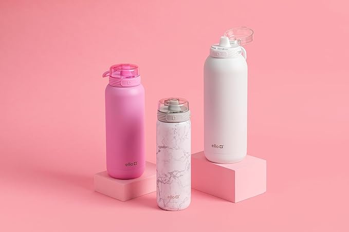 Ello Cooper 32oz Stainless Steel Water Bottle with Straw and Carry Handle, Double Walled and Vacuum Insulated Metal, Leak Proof Locking Lid with Soft Silicone Spout, Reusable, BPA Free, Bubblegum