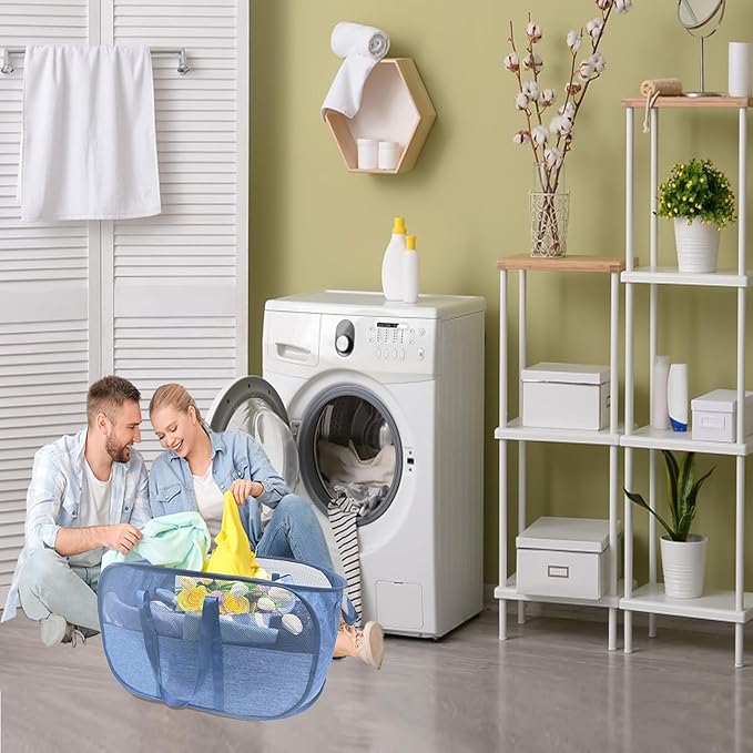 100L Collapsible Laundry Baskets 2 Pack, Extra Large Mesh Pop Up Laundry Hamper, Dirty Clothes Hamper with Reinforced Handles, Folding Hampers for Travel. Dorm or Home Portable Laundry Baskets. Blue