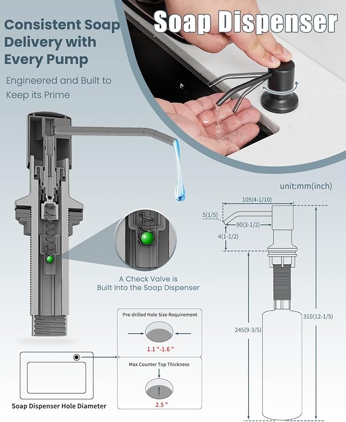 Bronze Kitchen Faucet with Sprayer, Kitchen Faucet with Soap Dispenser,Ktchen Faucets with Pull Down Sprayer,Single Hole Kitchen Sink Faucet with LED light,Oil Rubbed Faucet for Kitchen Sink