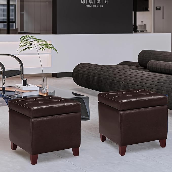 Adeco Bonded Leather Square Tufted Footstool, 18", Brown Storage Ottomans,