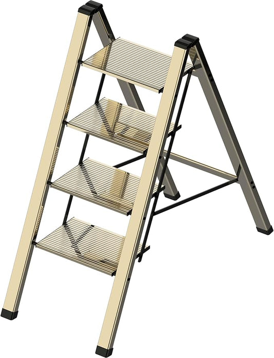 4 Step Ladder, Portable Step Folding, Lightweight Step Ladder with Anti-Slip Pedal, Aluminum Indoor Ladder and Closet, Kitchen - Champagne Gold