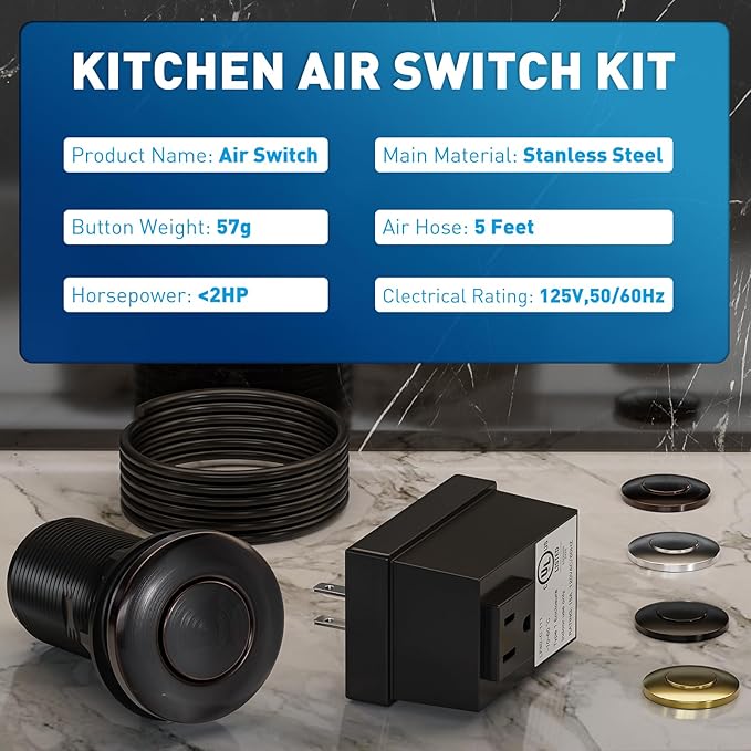 Garbage Disposal Air Switch Kit Sink Top Waste Disposal Long Stainless Steel Black On/Off Air Button Food and Waste Disposals Part, UL Listed
