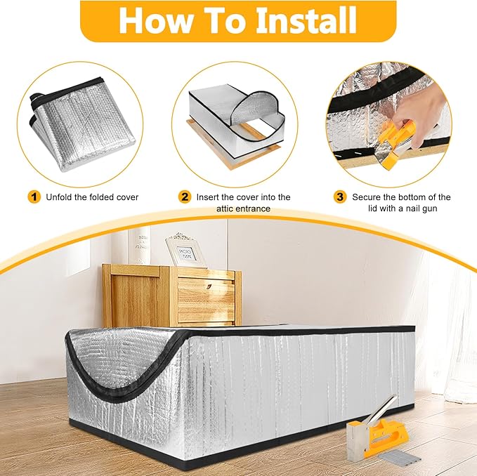 Attic Door Insulation Cover for Pull Down Ladder 54"L x 25"W x 11"H, Attic Stairway Insulator Tent Thicken Foil Bubble Fireproof with Installation Tools Set, for Ceiling Access Stair Loft Hatch
