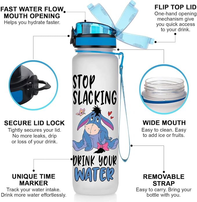 Stop Slacking Drink Your Water 32 Oz Water Track Bottle, Donkey Water Bottle With Time Marker, Movie Water Bottles, Motivational Insulated Water Bottle, Blue