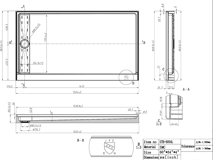 Shower Base Pan in White Left Linear Drainer, Rectangular Shower Base 60"×34"×4" with Non-Slip Floor Panel and Stainless Steel Shower Drain Cover