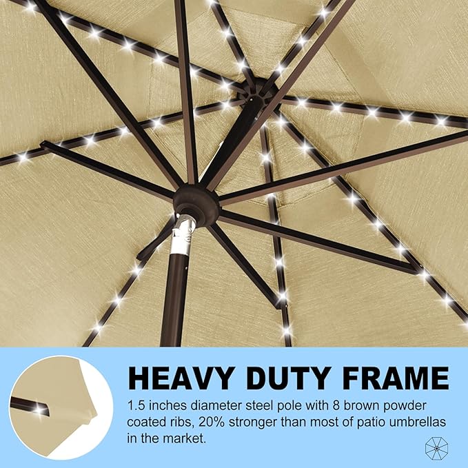 Eurmax USA 10-Year-Non-Fading 10Ft Solar Market Umbrella Outdoor Patio Umbrella Table Umbrella with LED Lights,8 Ribs,Hand Crank and Ventilation (Sand)