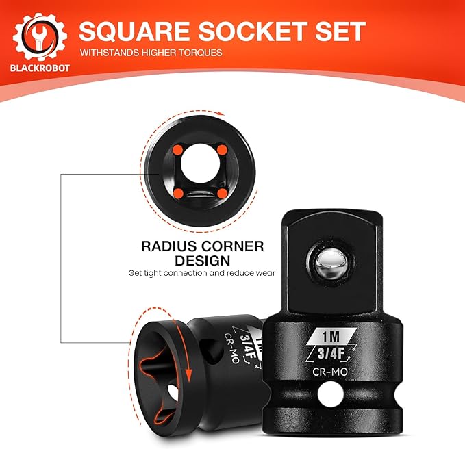 BLACKROBOT 3/4”F To 1”M Impact Socket Adapter, Cr-Mo Steel Exceeds ANSI Standards, Square Drive Reducer for Impact Driver Wrench