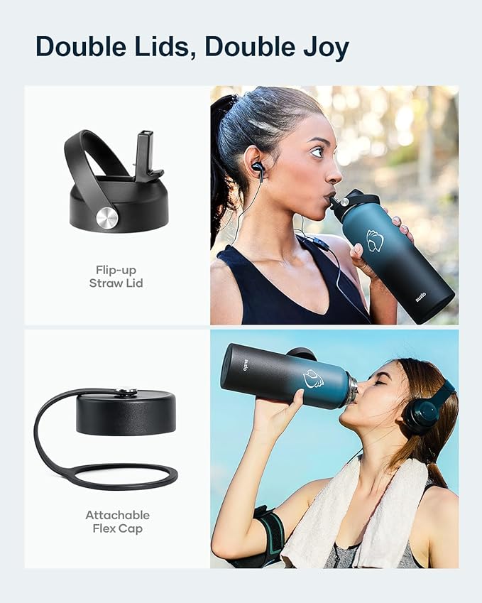 BUZIO Water Bottle with Straw Lid and Flex Cap, 40oz Double Vacuum Stainless Steel Water Flask, Cold for 48 Hrs Hot for 24 Hrs Simple Thermo Canteen Mug, Indigo Black