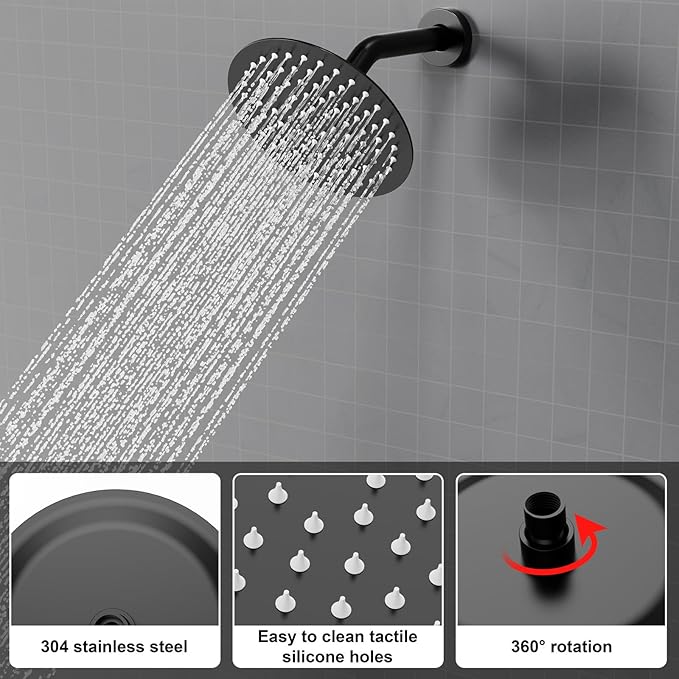 Shower Faucet Set 8IN Brass Rough-In Valve Body Trim Kit Rainfall Included Handle Accessories Complete 2 Functions with Rain Head and Handheld Bathroom Systems (8 Inch Matte Black)