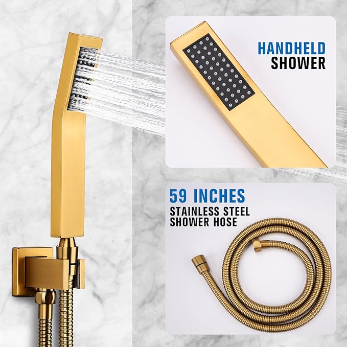 12 Inch Rainfall Shower System with Tub Spout Wall Mounted Complete Combo with Solid Brass Pressure Balancing Valve, High Pressure Shower Head, Handle Set & Installation Accessories