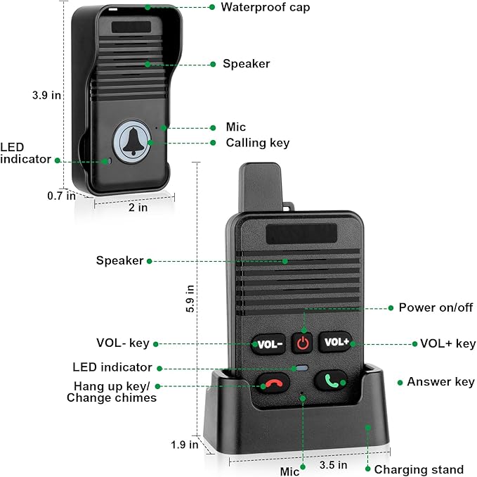Wireless Doorbell, Hands Free Intercom Doorbells 1000ft Range, Full Duplex Two Way Communication Door Bell for Home, 8 Volume Levels with 4 Chimes & LED Flash (2Pack Black)